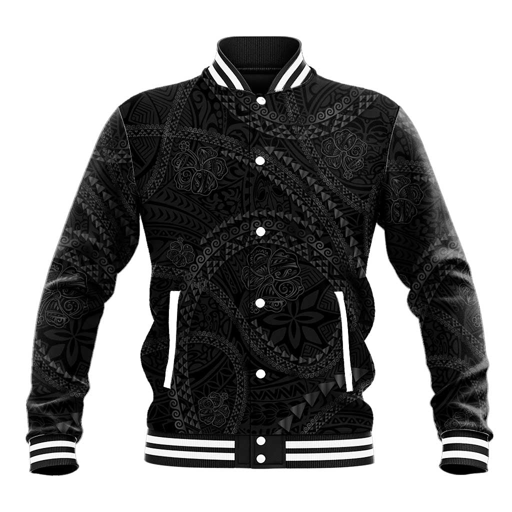 Hawaiian Kakau Art and Hisbiscus Tattoo Baseball Jacket Tribal Pattern-Black Gradient Style - Polynesian Pride