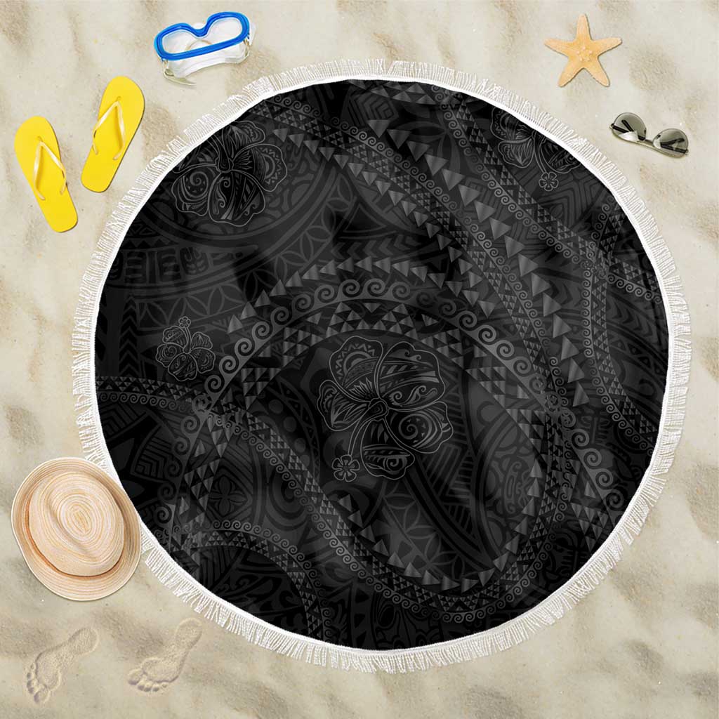 Hawaiian Kakau Art and Hisbiscus Tattoo Beach Blanket Tribal Pattern-Black Gradient Style - Polynesian Pride