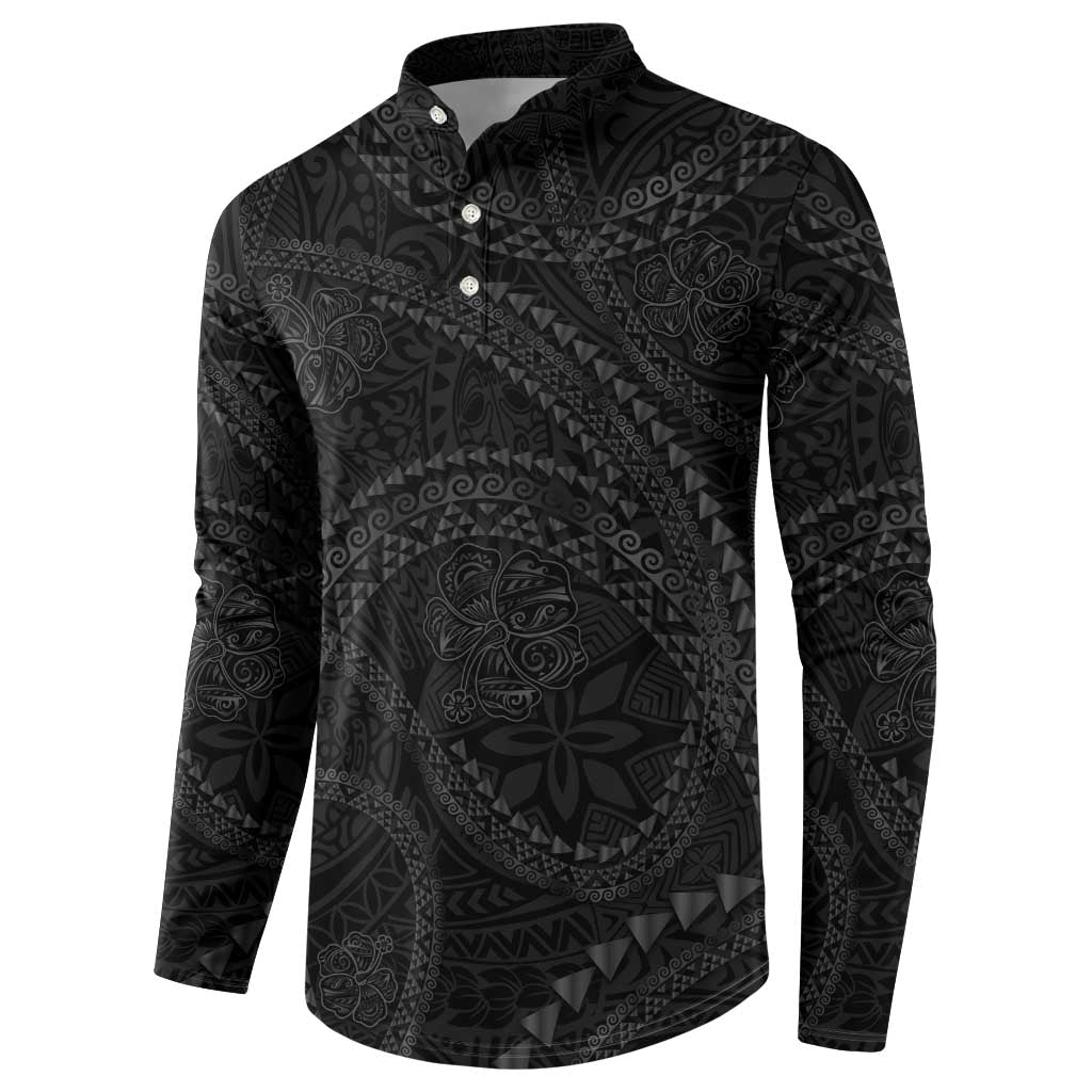 Hawaiian Kakau Art and Hisbiscus Tattoo Button Sweatshirt Tribal Pattern-Black Gradient Style LT03 - Polynesian Pride