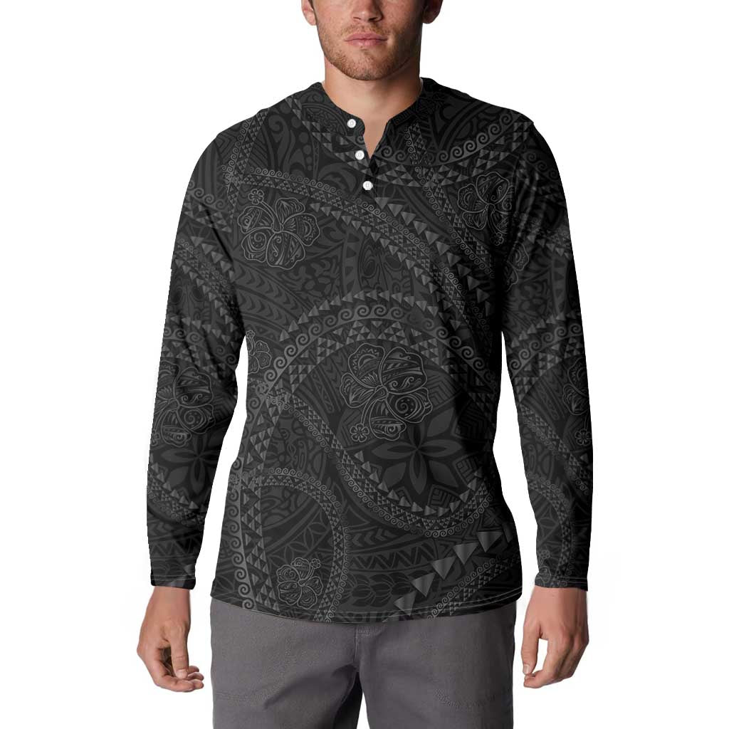 Hawaiian Kakau Art and Hisbiscus Tattoo Button Sweatshirt Tribal Pattern-Black Gradient Style LT03 - Polynesian Pride
