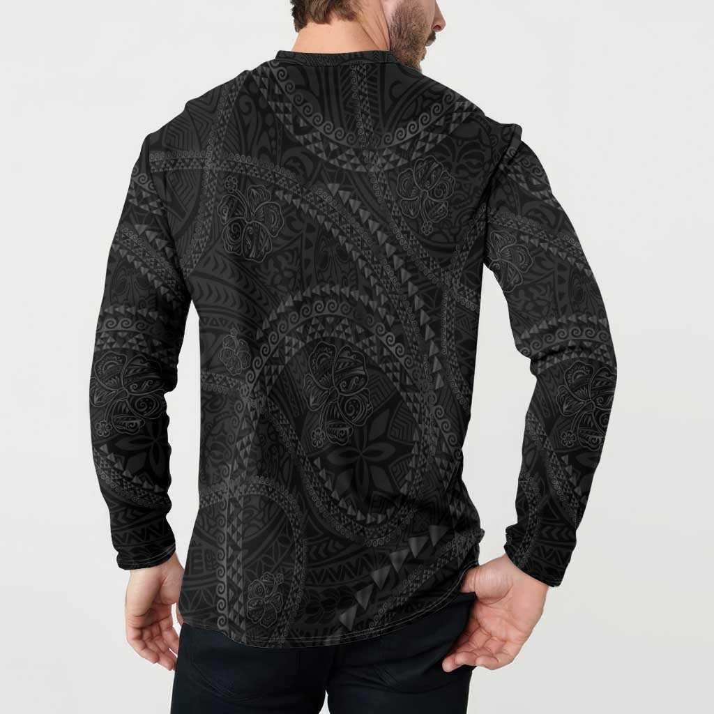 Hawaiian Kakau Art and Hisbiscus Tattoo Button Sweatshirt Tribal Pattern-Black Gradient Style LT03 - Polynesian Pride