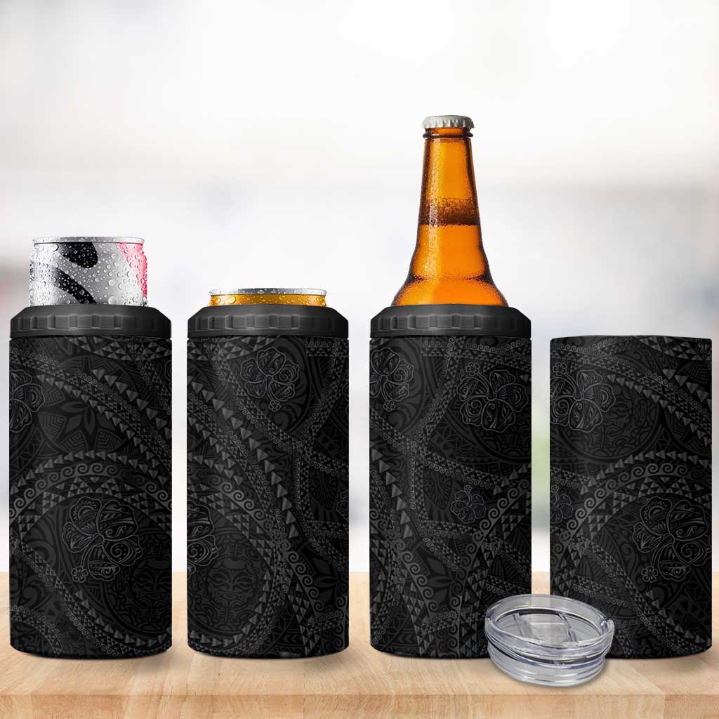 Hawaiian Kakau Art and Hisbiscus Tattoo 4 in 1 Can Cooler Tumbler Tribal Pattern-Black Gradient Style - Polynesian Pride