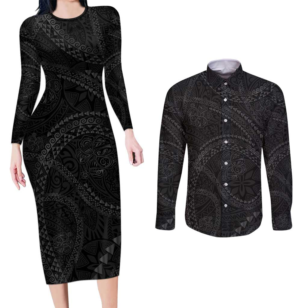 Hawaiian Kakau Art and Hisbiscus Tattoo Couples Matching Long Sleeve Bodycon Dress and Long Sleeve Button Shirt Tribal Pattern-Black Gradient Style - Polynesian Pride