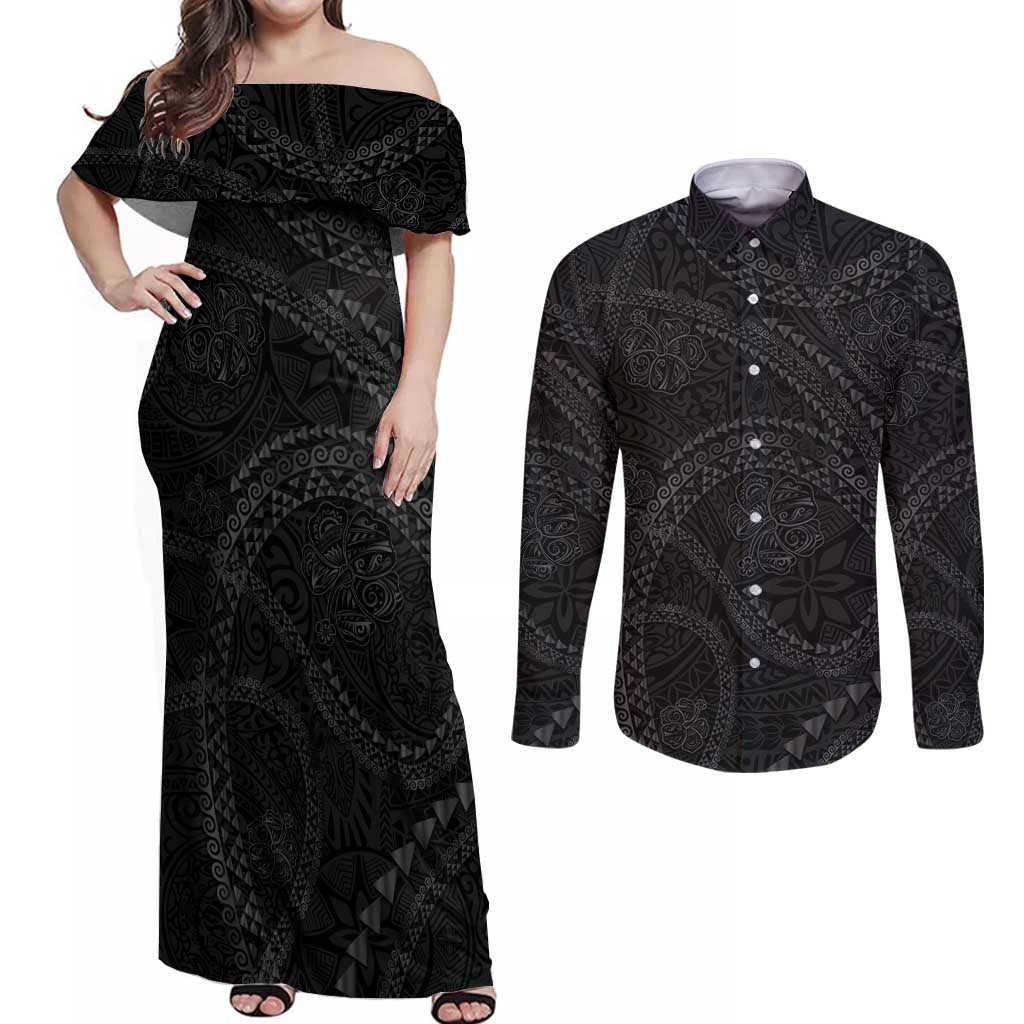 Hawaiian Kakau Art and Hisbiscus Tattoo Couples Matching Off Shoulder Maxi Dress and Long Sleeve Button Shirt Tribal Pattern-Black Gradient Style LT03 Black - Polynesian Pride