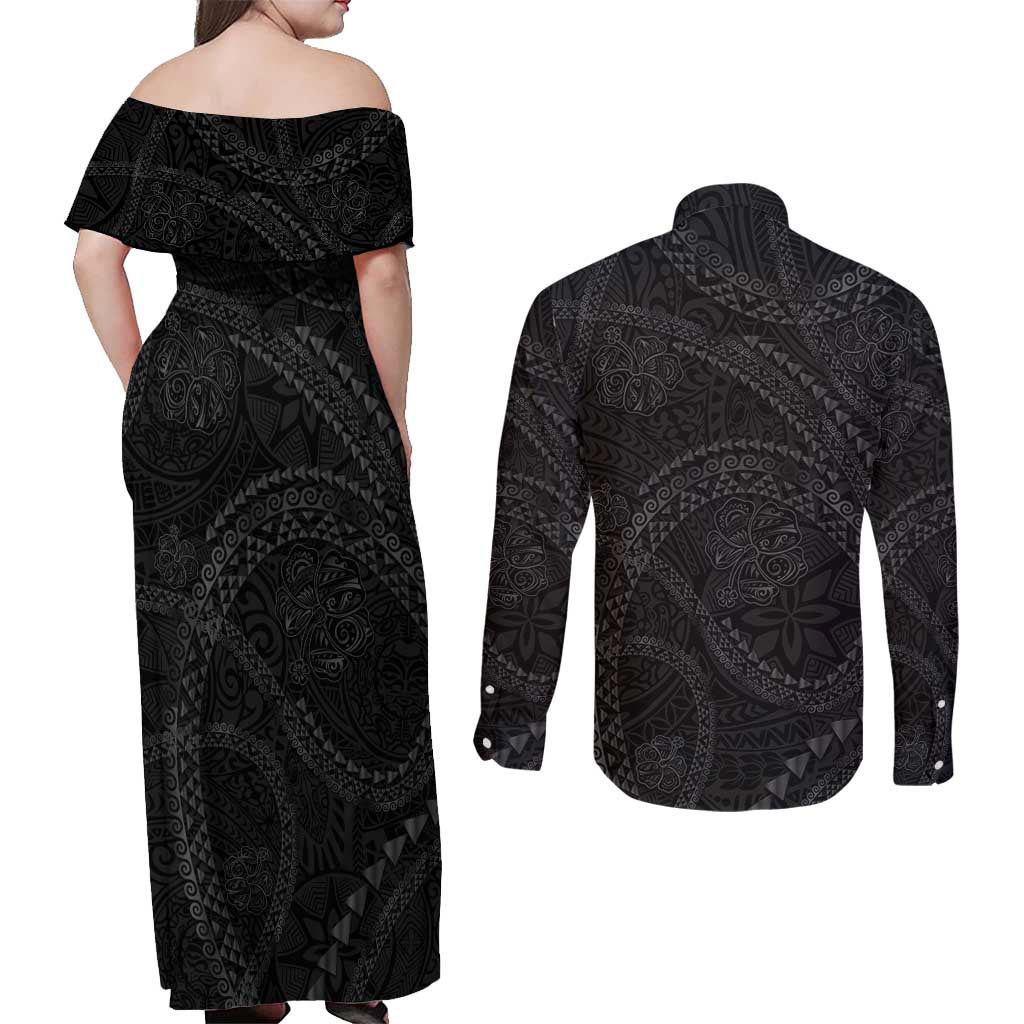 Hawaiian Kakau Art and Hisbiscus Tattoo Couples Matching Off Shoulder Maxi Dress and Long Sleeve Button Shirt Tribal Pattern-Black Gradient Style LT03 - Polynesian Pride