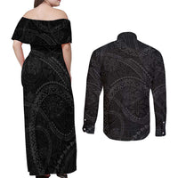 Hawaiian Kakau Art and Hisbiscus Tattoo Couples Matching Off Shoulder Maxi Dress and Long Sleeve Button Shirt Tribal Pattern-Black Gradient Style LT03 - Polynesian Pride