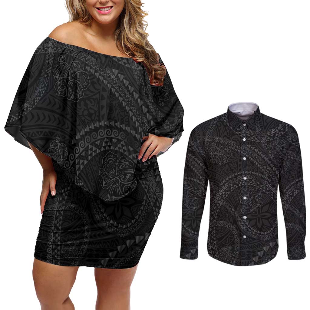 Hawaiian Kakau Art and Hisbiscus Tattoo Couples Matching Off Shoulder Short Dress and Long Sleeve Button Shirt Tribal Pattern-Black Gradient Style - Polynesian Pride