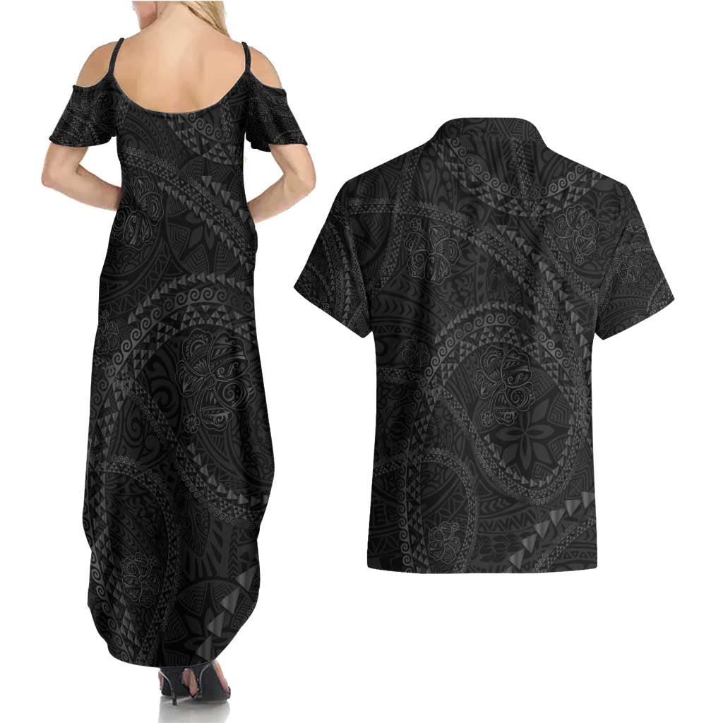 Hawaiian Kakau Art and Hisbiscus Tattoo Couples Matching Summer Maxi Dress and Hawaiian Shirt Tribal Pattern-Black Gradient Style - Polynesian Pride