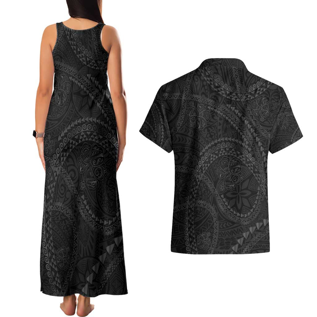Hawaiian Kakau Art and Hisbiscus Tattoo Couples Matching Tank Maxi Dress and Hawaiian Shirt Tribal Pattern-Black Gradient Style - Polynesian Pride