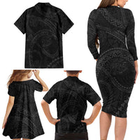 Hawaiian Kakau Art and Hisbiscus Tattoo Family Matching Long Sleeve Bodycon Dress and Hawaiian Shirt Tribal Pattern-Black Gradient Style LT03 - Polynesian Pride