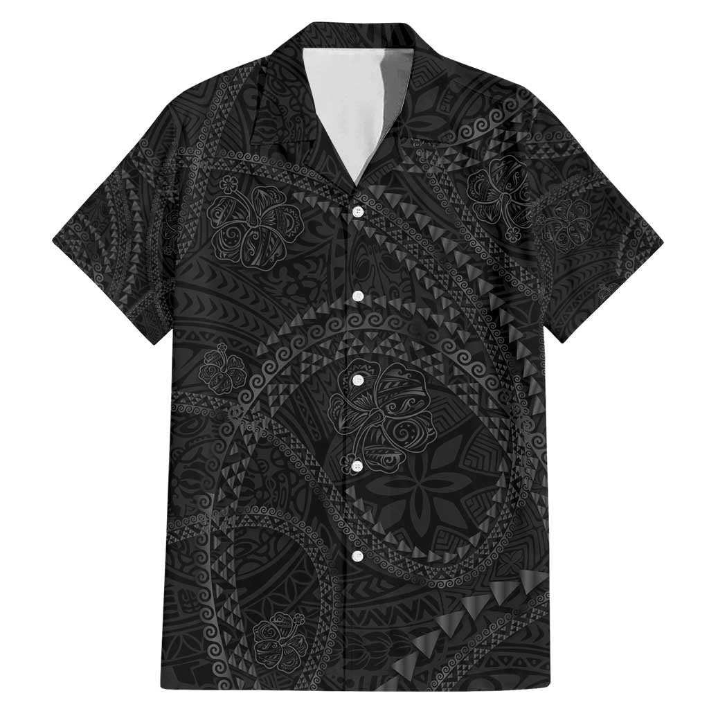 Hawaiian Kakau Art and Hisbiscus Tattoo Family Matching Mermaid Dress and Hawaiian Shirt Tribal Pattern-Black Gradient Style LT03 Dad's Shirt - Short Sleeve Black - Polynesian Pride