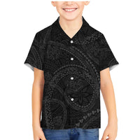 Hawaiian Kakau Art and Hisbiscus Tattoo Family Matching Mermaid Dress and Hawaiian Shirt Tribal Pattern-Black Gradient Style LT03 Son's Shirt Black - Polynesian Pride
