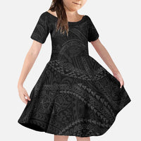Hawaiian Kakau Art and Hisbiscus Tattoo Family Matching Off Shoulder Maxi Dress and Hawaiian Shirt Tribal Pattern-Black Gradient Style LT03 Daughter's Dress Black - Polynesian Pride