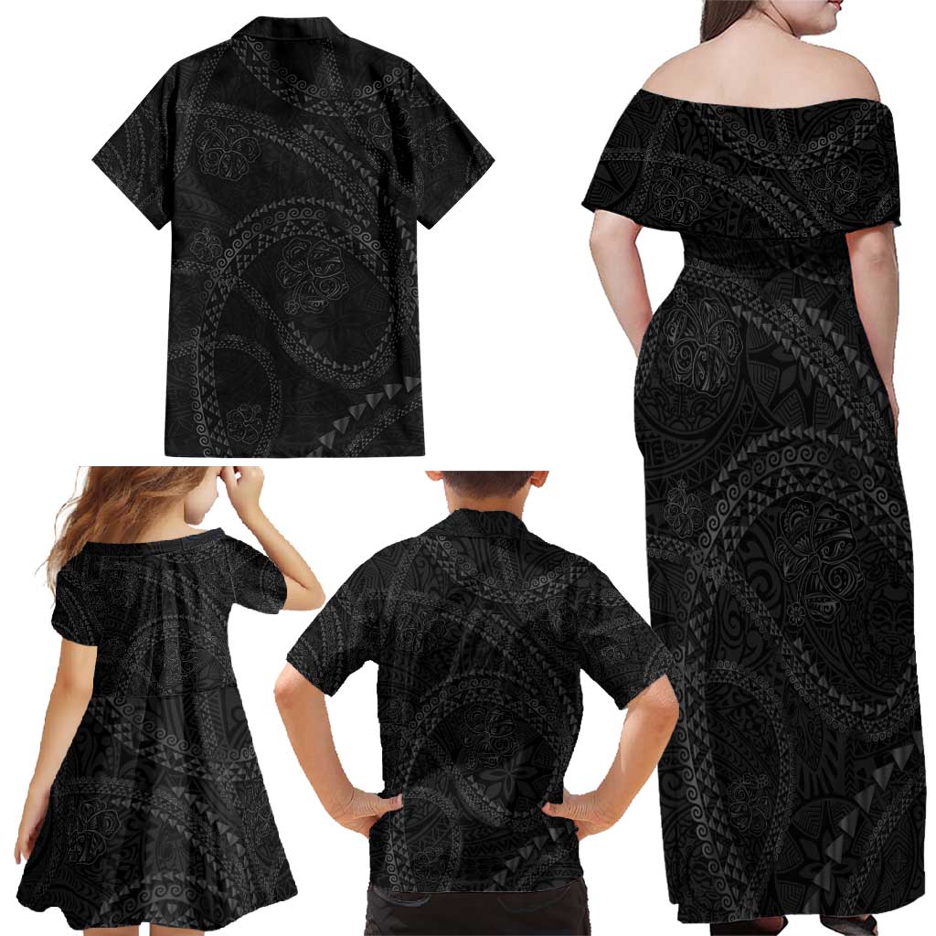 Hawaiian Kakau Art and Hisbiscus Tattoo Family Matching Off Shoulder Maxi Dress and Hawaiian Shirt Tribal Pattern-Black Gradient Style LT03 - Polynesian Pride