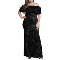 Hawaiian Kakau Art and Hisbiscus Tattoo Family Matching Off Shoulder Maxi Dress and Hawaiian Shirt Tribal Pattern-Black Gradient Style LT03 Mom's Dress Black - Polynesian Pride