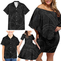 Hawaiian Kakau Art and Hisbiscus Tattoo Family Matching Off Shoulder Short Dress and Hawaiian Shirt Tribal Pattern-Black Gradient Style LT03 - Polynesian Pride