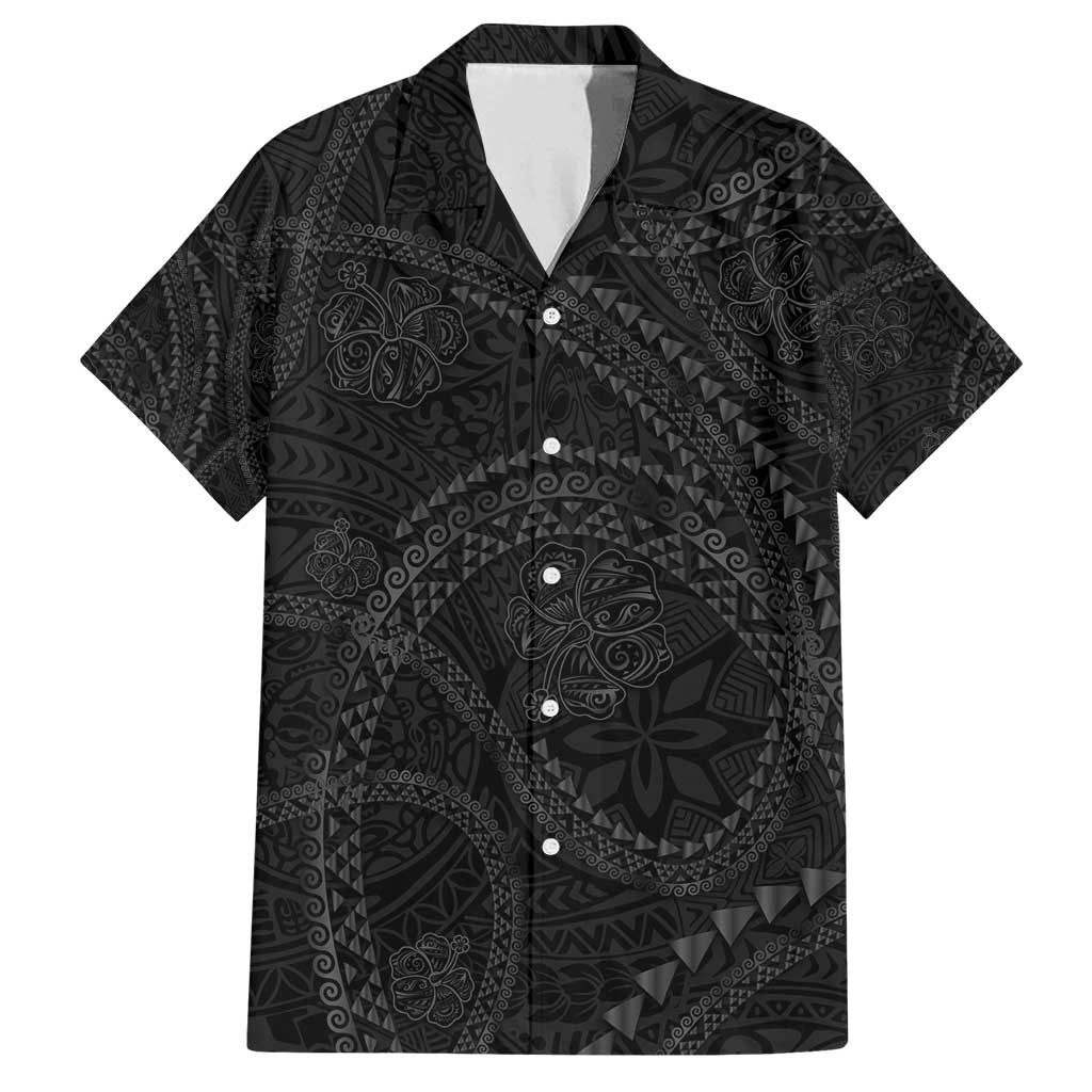 Hawaiian Kakau Art and Hisbiscus Tattoo Family Matching Off Shoulder Short Dress and Hawaiian Shirt Tribal Pattern-Black Gradient Style LT03 Dad's Shirt - Short Sleeve Black - Polynesian Pride
