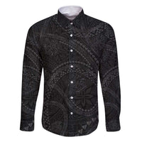 Hawaiian Kakau Art and Hisbiscus Tattoo Family Matching Off Shoulder Short Dress and Hawaiian Shirt Tribal Pattern-Black Gradient Style LT03 Dad's Shirt - Long Sleeve Black - Polynesian Pride