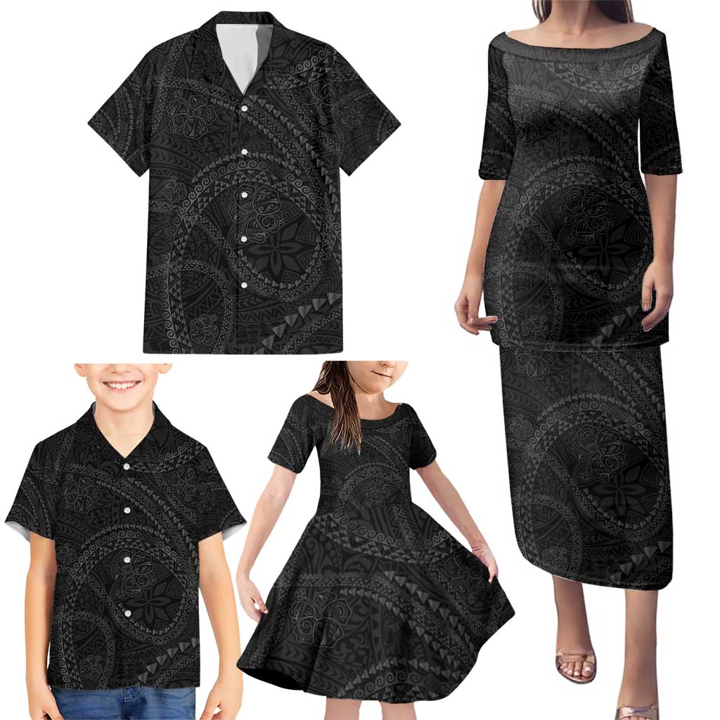Hawaiian Kakau Art and Hisbiscus Tattoo Family Matching Puletasi and Hawaiian Shirt Tribal Pattern-Black Gradient Style - Polynesian Pride