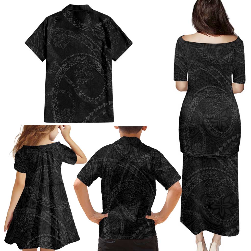 Hawaiian Kakau Art and Hisbiscus Tattoo Family Matching Puletasi and Hawaiian Shirt Tribal Pattern-Black Gradient Style - Polynesian Pride