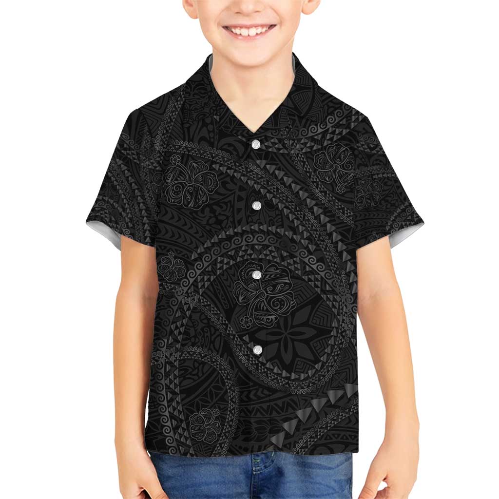Hawaiian Kakau Art and Hisbiscus Tattoo Family Matching Puletasi and Hawaiian Shirt Tribal Pattern-Black Gradient Style - Polynesian Pride