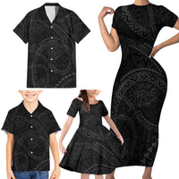 Hawaiian Kakau Art and Hisbiscus Tattoo Family Matching Short Sleeve Bodycon Dress and Hawaiian Shirt Tribal Pattern-Black Gradient Style LT03 - Polynesian Pride