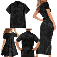 Hawaiian Kakau Art and Hisbiscus Tattoo Family Matching Short Sleeve Bodycon Dress and Hawaiian Shirt Tribal Pattern-Black Gradient Style LT03 - Polynesian Pride