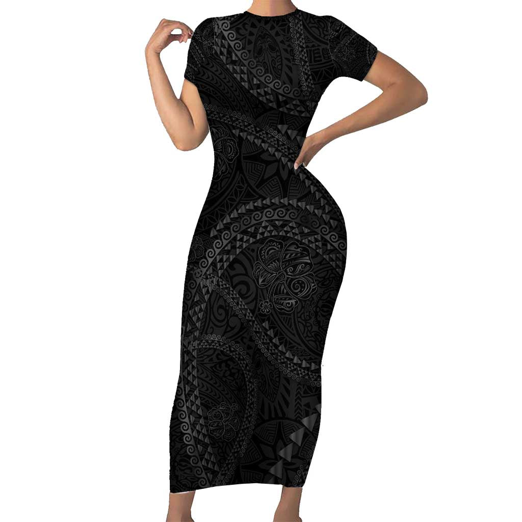 Hawaiian Kakau Art and Hisbiscus Tattoo Family Matching Short Sleeve Bodycon Dress and Hawaiian Shirt Tribal Pattern-Black Gradient Style LT03 Mom's Dress Black - Polynesian Pride