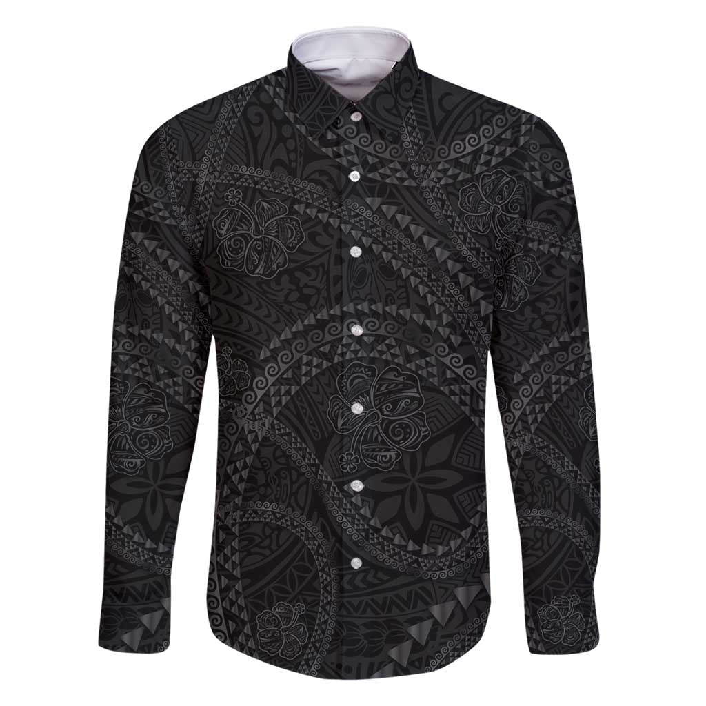 Hawaiian Kakau Art and Hisbiscus Tattoo Family Matching Summer Maxi Dress and Hawaiian Shirt Tribal Pattern-Black Gradient Style LT03 Dad's Shirt - Long Sleeve Black - Polynesian Pride