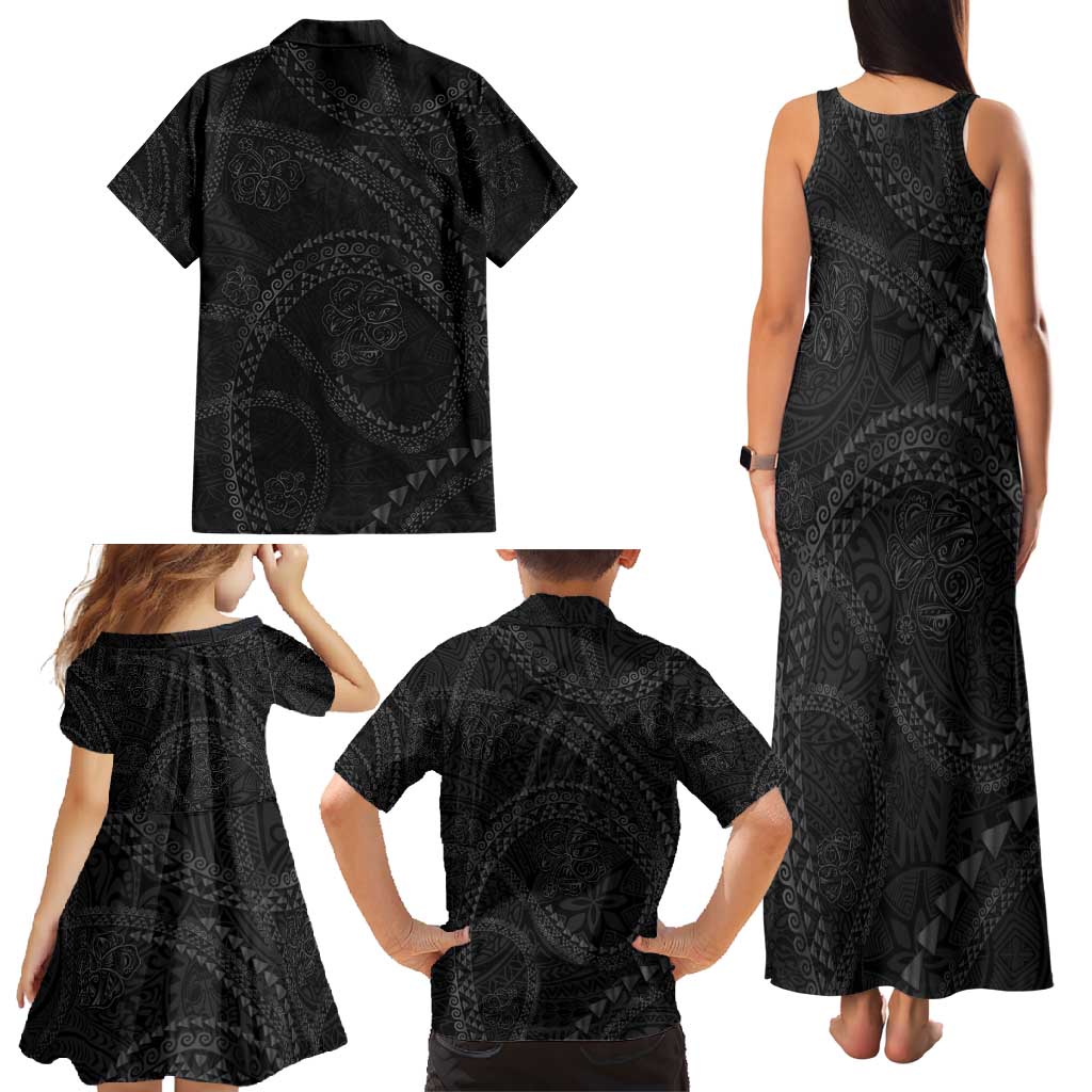 Hawaiian Kakau Art and Hisbiscus Tattoo Family Matching Tank Maxi Dress and Hawaiian Shirt Tribal Pattern-Black Gradient Style - Polynesian Pride