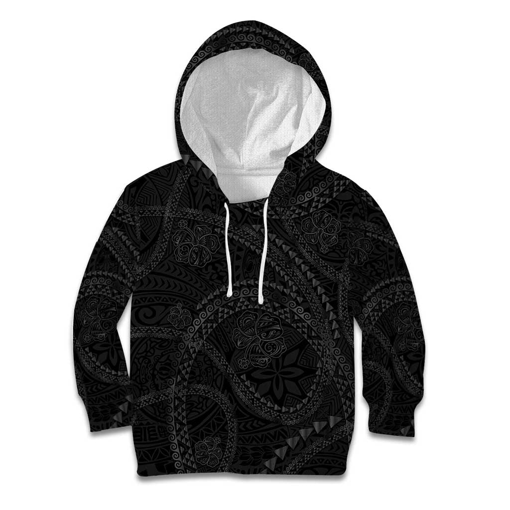 Hawaiian Kakau Art and Hisbiscus Tattoo Kid Hoodie Tribal Pattern-Black Gradient Style - Polynesian Pride