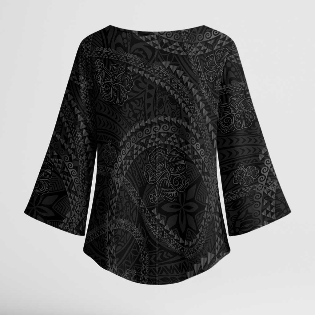 Hawaiian Kakau Art and Hisbiscus Tattoo Kimono Sleeve Blouse Tribal Pattern-Black Gradient Style - Polynesian Pride