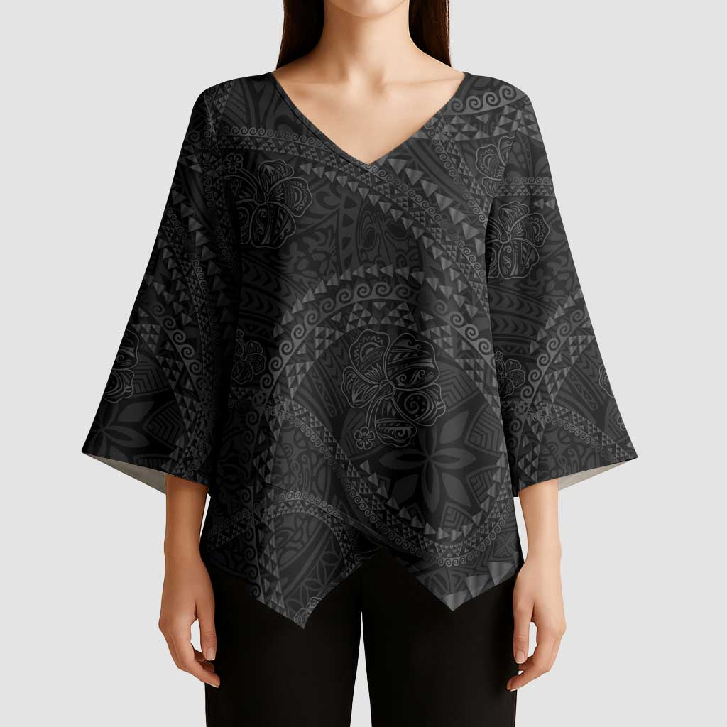 Hawaiian Kakau Art and Hisbiscus Tattoo Kimono Sleeve Blouse Tribal Pattern-Black Gradient Style - Polynesian Pride
