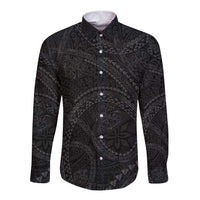 Hawaiian Kakau Art and Hisbiscus Tattoo Long Sleeve Button Shirt Tribal Pattern-Black Gradient Style LT03 Unisex Black - Polynesian Pride