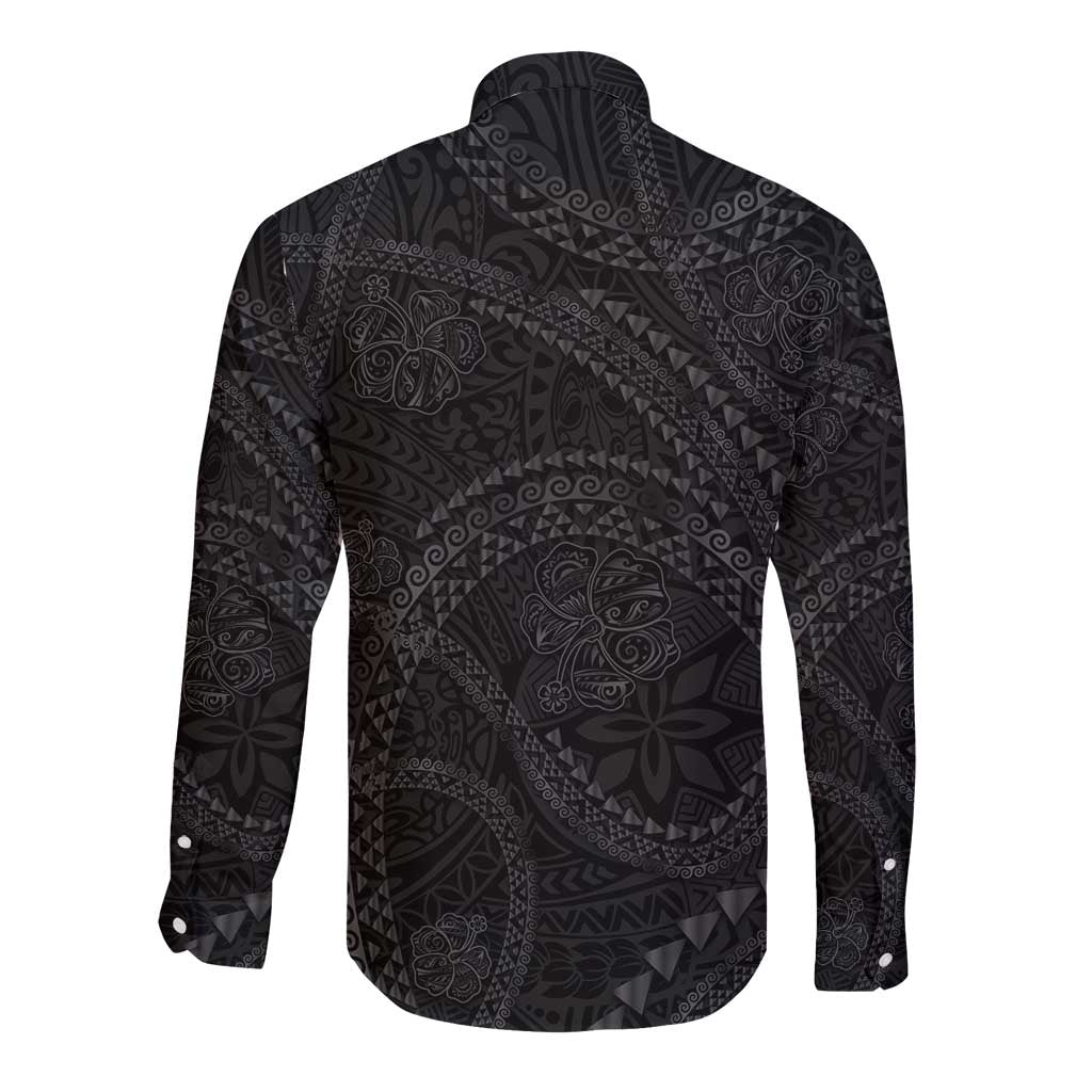 Hawaiian Kakau Art and Hisbiscus Tattoo Long Sleeve Button Shirt Tribal Pattern-Black Gradient Style LT03 - Polynesian Pride