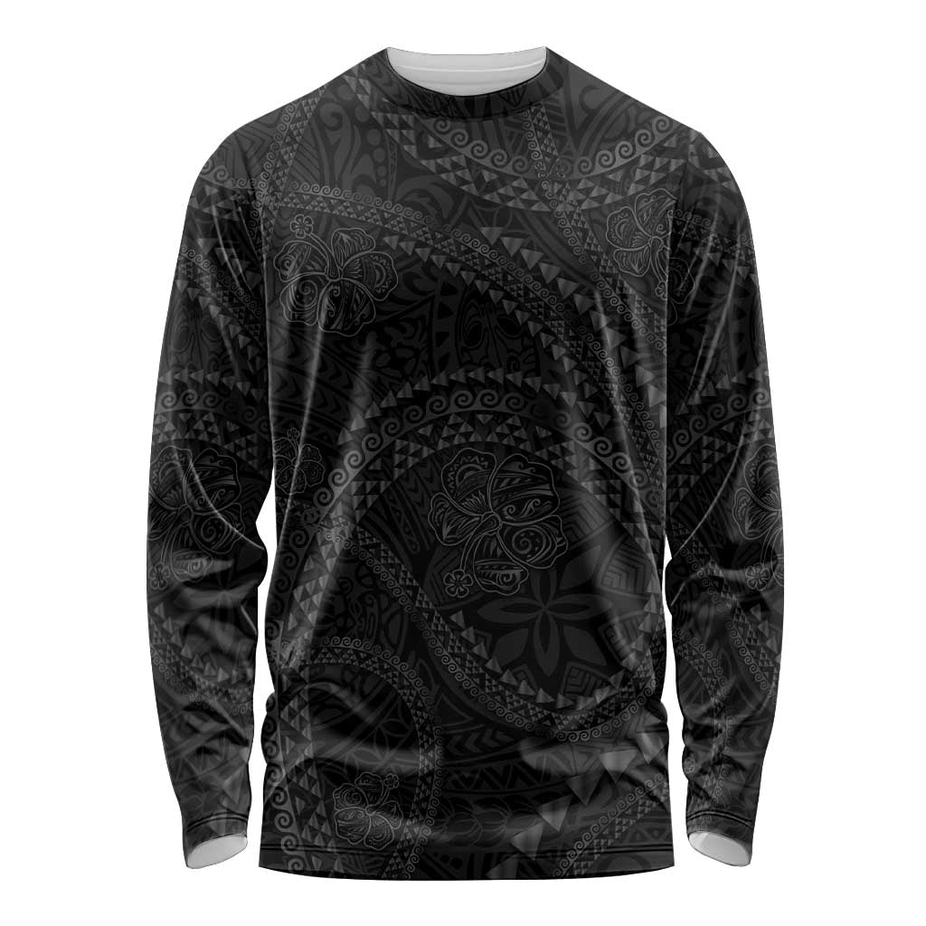 Hawaiian Kakau Art and Hisbiscus Tattoo Long Sleeve Shirt Tribal Pattern-Black Gradient Style - Polynesian Pride