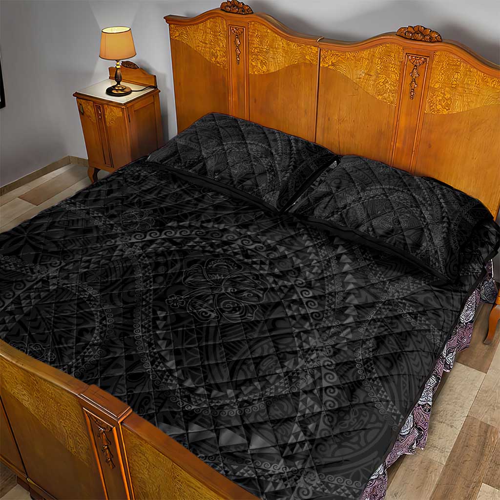Hawaiian Kakau Art and Hisbiscus Tattoo Quilt Bed Set Tribal Pattern-Black Gradient Style - Polynesian Pride