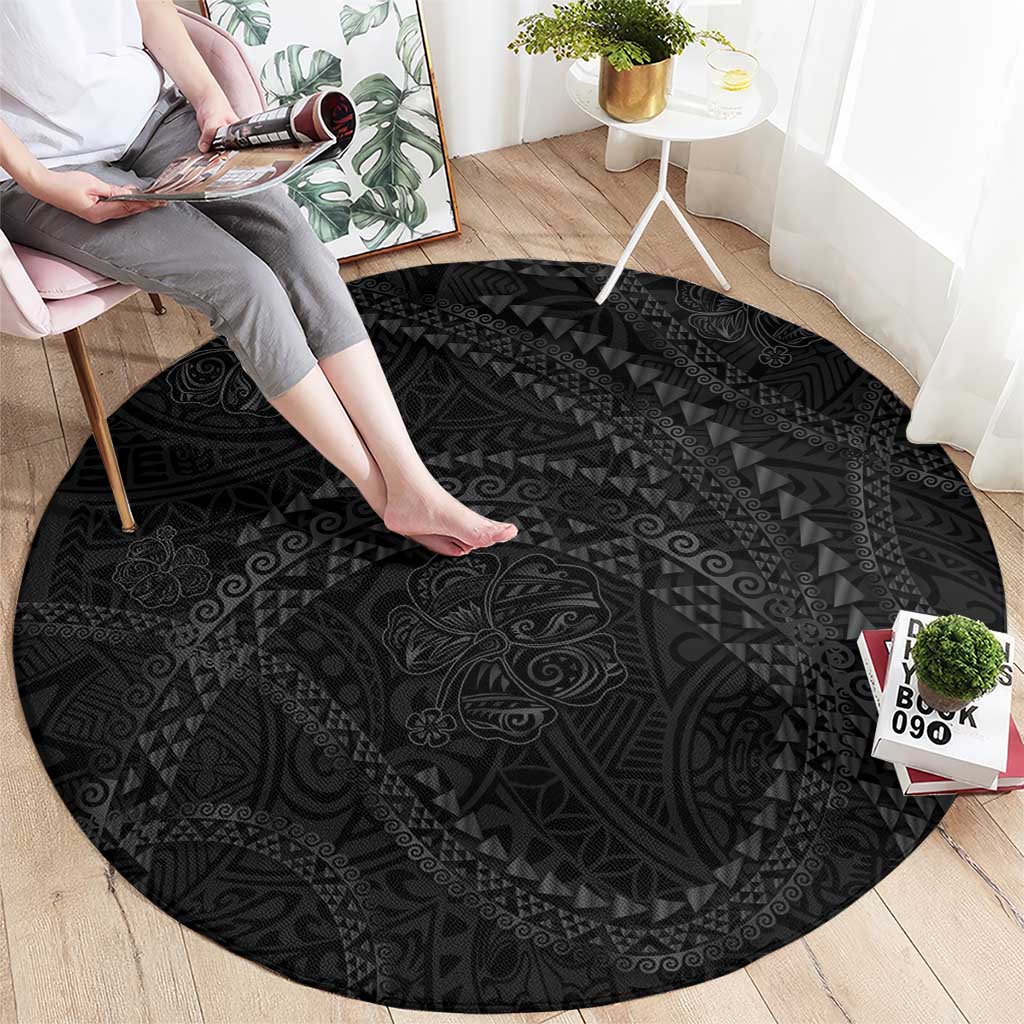 Hawaiian Kakau Art and Hisbiscus Tattoo Round Carpet Tribal Pattern-Black Gradient Style - Polynesian Pride