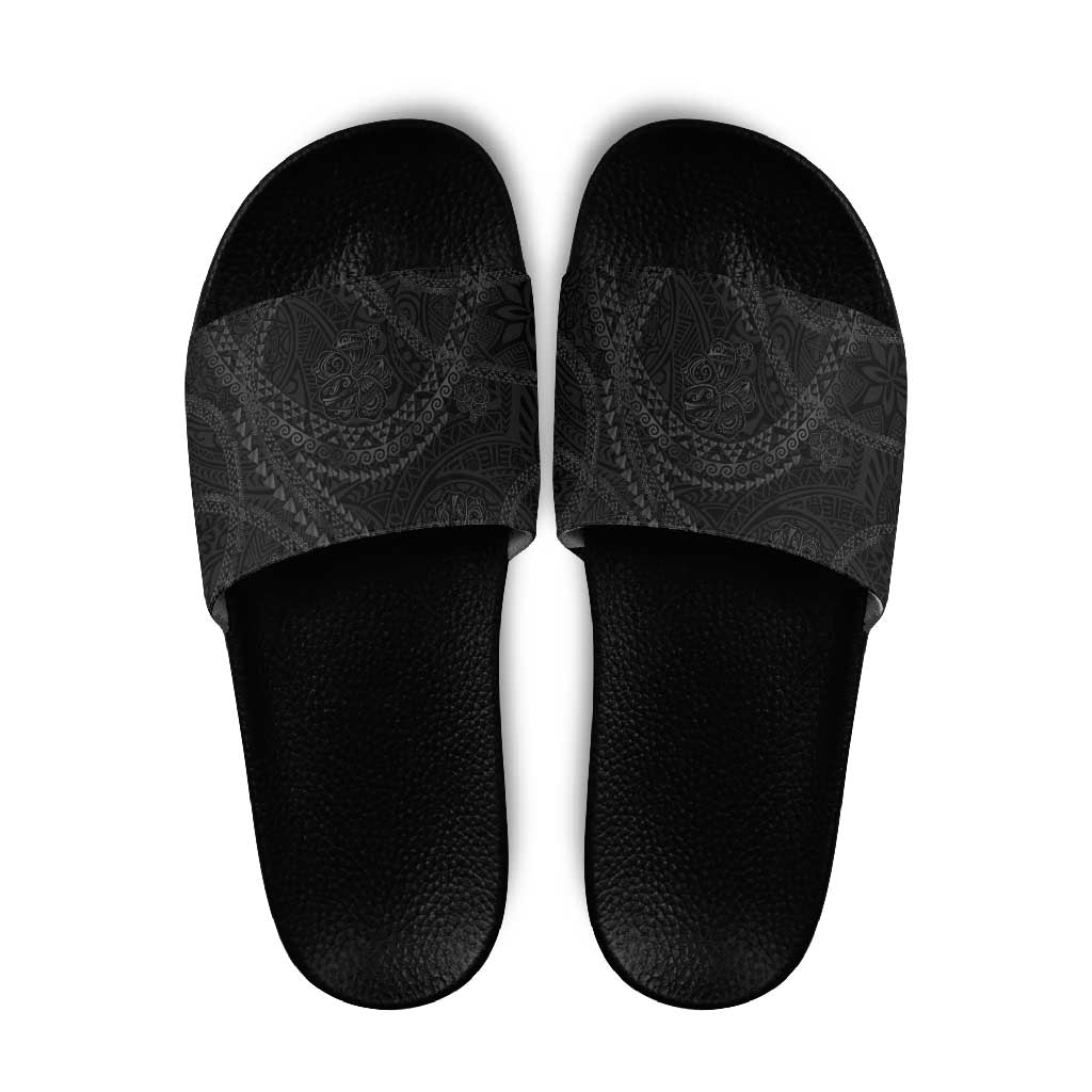 Hawaiian Kakau Art and Hisbiscus Tattoo Slide Sandals Tribal Pattern-Black Gradient Style - Polynesian Pride