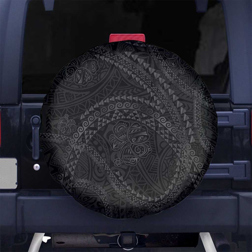 Hawaiian Kakau Art and Hisbiscus Tattoo Spare Tire Cover Tribal Pattern-Black Gradient Style - Polynesian Pride