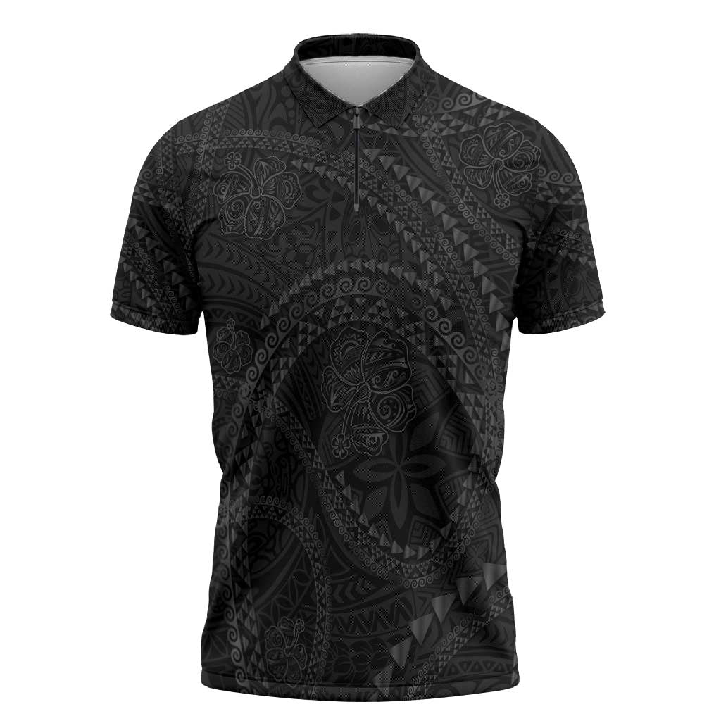 Hawaiian Kakau Art and Hisbiscus Tattoo Zipper Polo Shirt Tribal Pattern-Black Gradient Style - Polynesian Pride