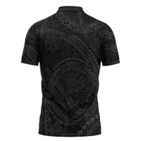 Hawaiian Kakau Art and Hisbiscus Tattoo Zipper Polo Shirt Tribal Pattern-Black Gradient Style - Polynesian Pride