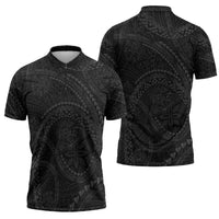 Hawaiian Kakau Art and Hisbiscus Tattoo Zipper Polo Shirt Tribal Pattern-Black Gradient Style - Polynesian Pride