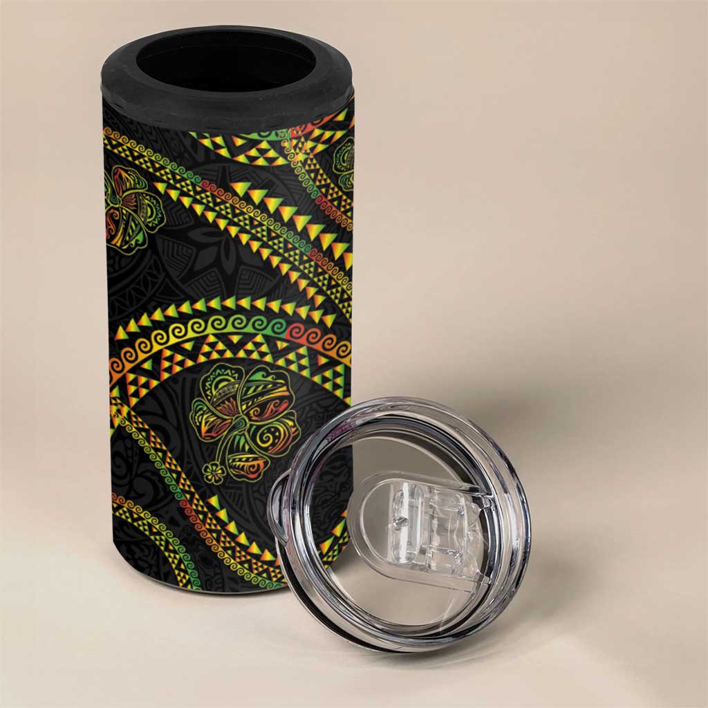 Hawaiian Kakau Art and Hisbiscus Tattoo 4 in 1 Can Cooler Tumbler Tribal Pattern-Reggae Style - Polynesian Pride