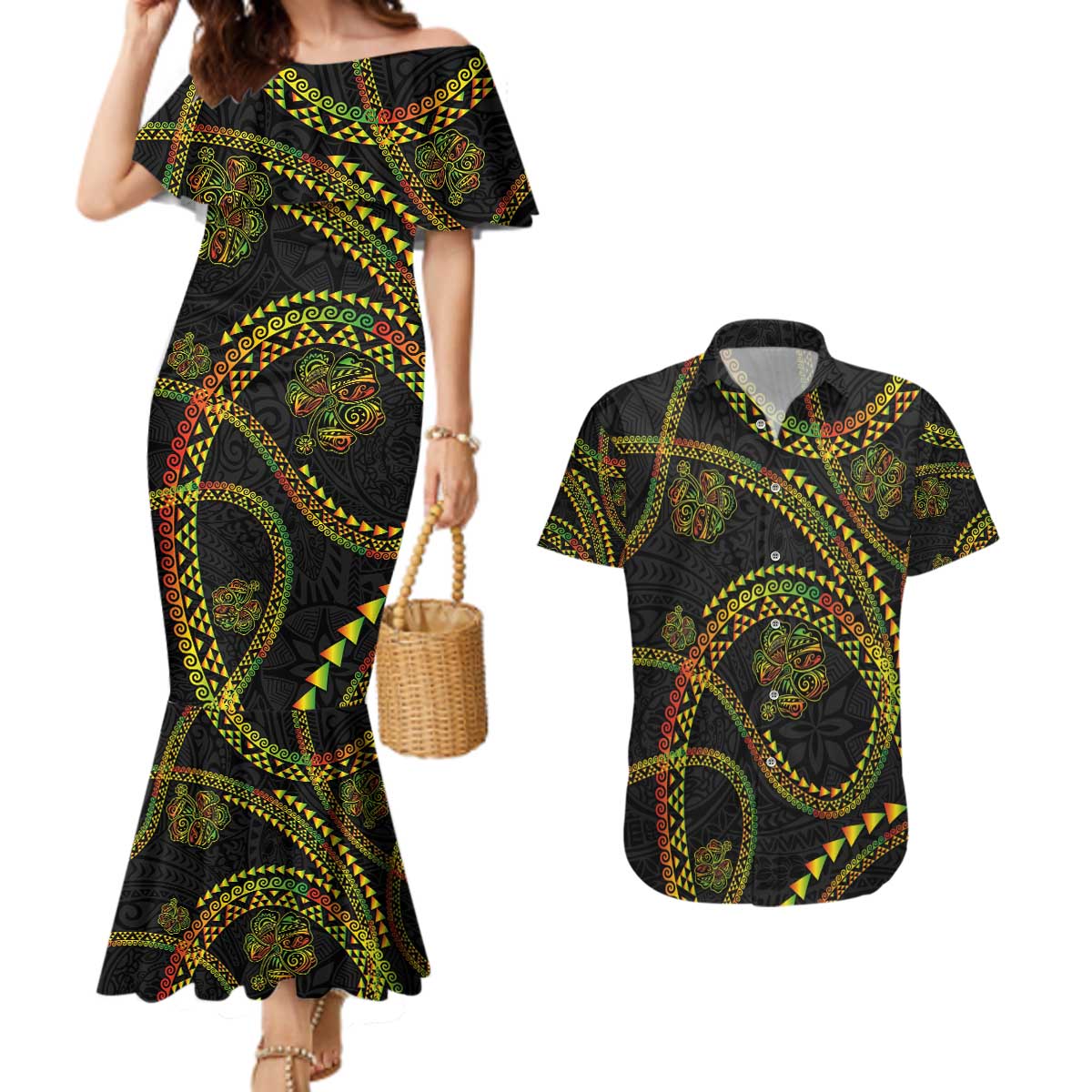 Hawaiian Kakau Art and Hisbiscus Tattoo Couples Matching Mermaid Dress and Hawaiian Shirt Tribal Pattern-Reggae Style LT03 Black - Polynesian Pride