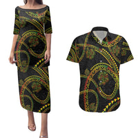 Hawaiian Kakau Art and Hisbiscus Tattoo Couples Matching Puletasi and Hawaiian Shirt Tribal Pattern-Reggae Style - Polynesian Pride