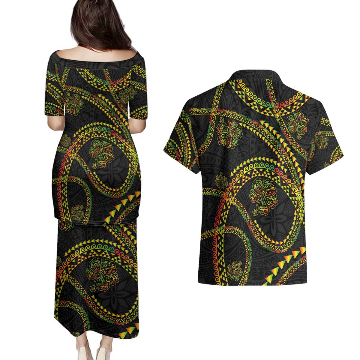 Hawaiian Kakau Art and Hisbiscus Tattoo Couples Matching Puletasi and Hawaiian Shirt Tribal Pattern-Reggae Style - Polynesian Pride