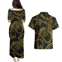 Hawaiian Kakau Art and Hisbiscus Tattoo Couples Matching Puletasi and Hawaiian Shirt Tribal Pattern-Reggae Style - Polynesian Pride