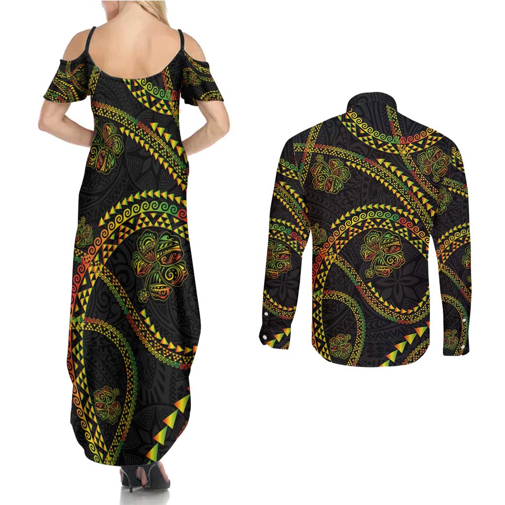 Hawaiian Kakau Art and Hisbiscus Tattoo Couples Matching Summer Maxi Dress and Long Sleeve Button Shirt Tribal Pattern-Reggae Style - Polynesian Pride