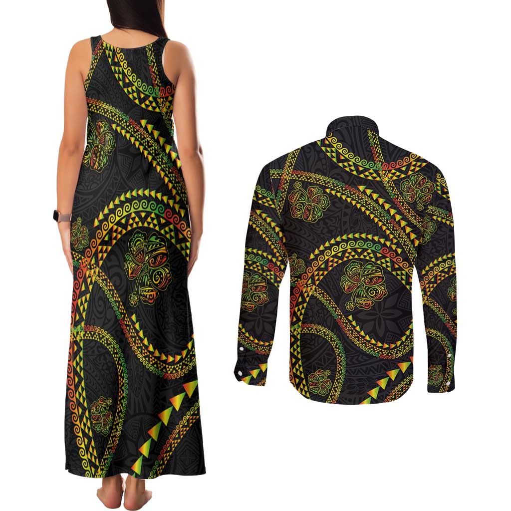 Hawaiian Kakau Art and Hisbiscus Tattoo Couples Matching Tank Maxi Dress and Long Sleeve Button Shirt Tribal Pattern-Reggae Style - Polynesian Pride